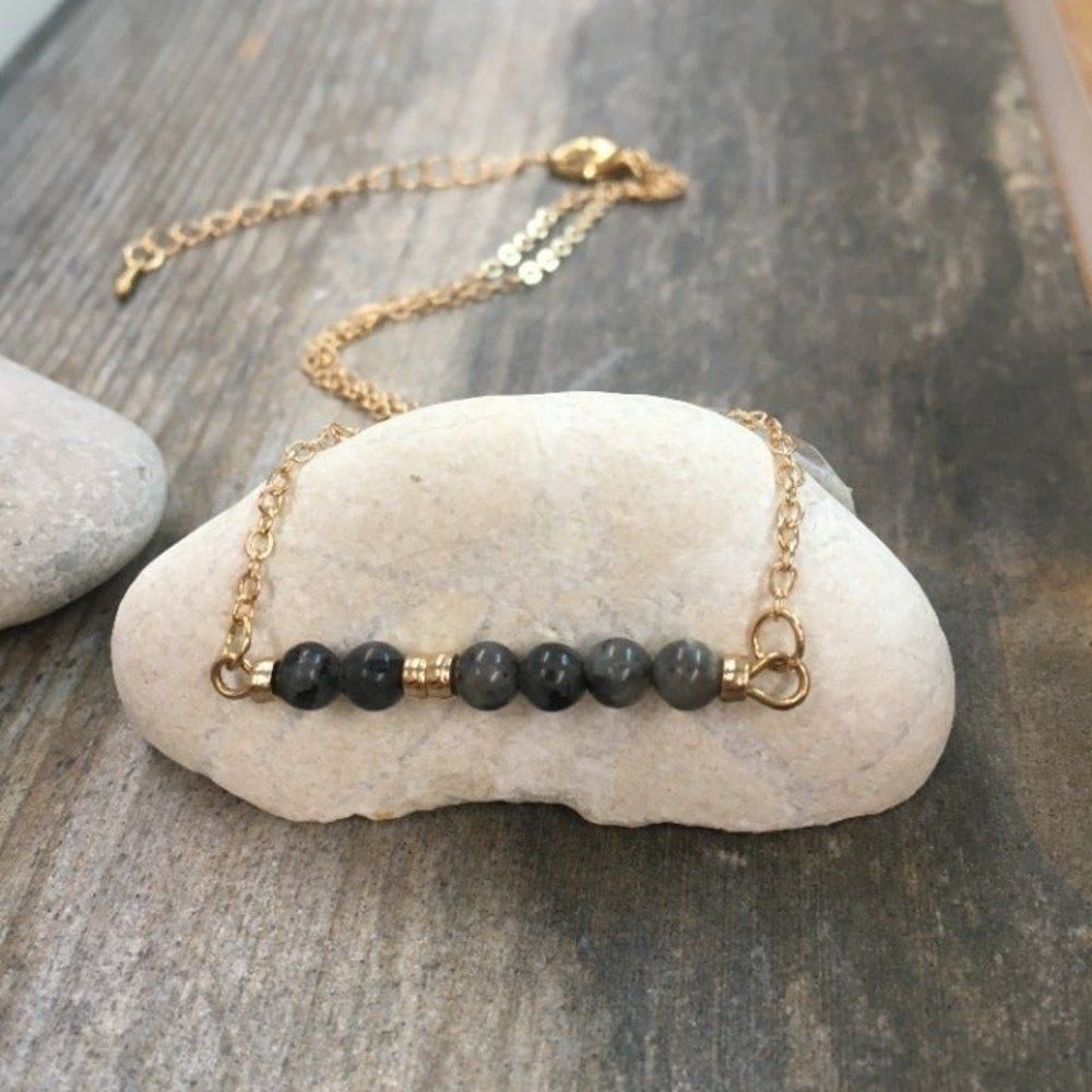 Grey Onyx Stone Bar Necklace Gold - Picture 2 of 5